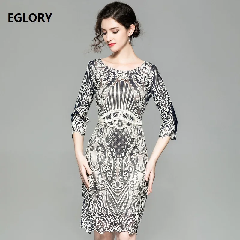 

Vestido De Fiesta 2019 Spring Fashion Party Cocktail Women Allover Appliques Embroidery 3/4 Sleeve Bodycon Sheath Dress Tight