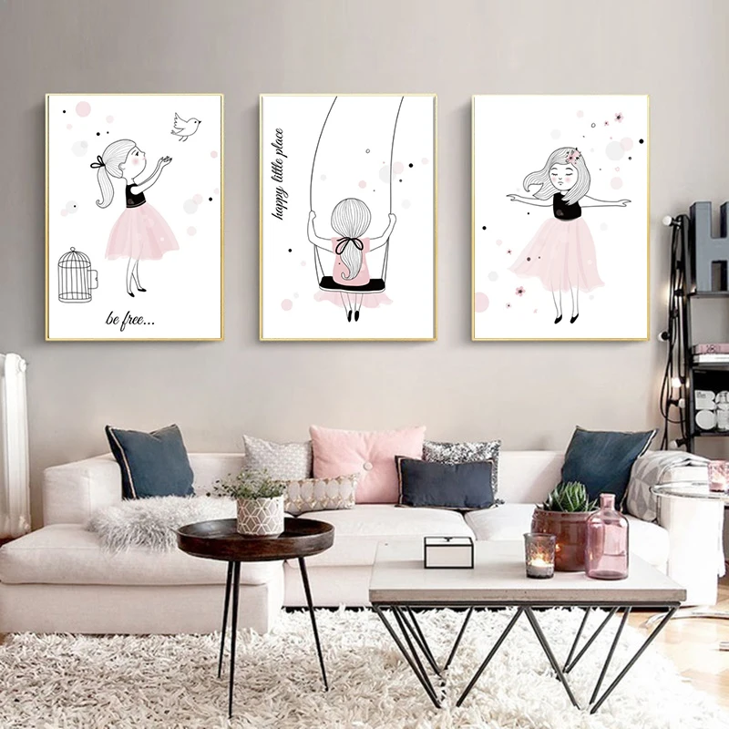 

Nordic Poster Baby Girl Room Pink Decor Nursery School Cartoon Pictures for Children Posters and Prints Wall Art Canvas Painting