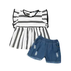Детская одежда для маленьких девочек из 2 предметов футболка в полоску Топы + джинсовые штаны летний Модный повседневный комплект одежды