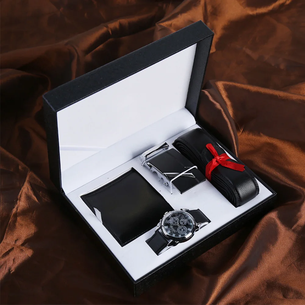 

3pcs Valentine's Day Father Fashion Wallet Watch Belt Men Accessories Black Gift Set Boyfriend PU Box Husband Birthday