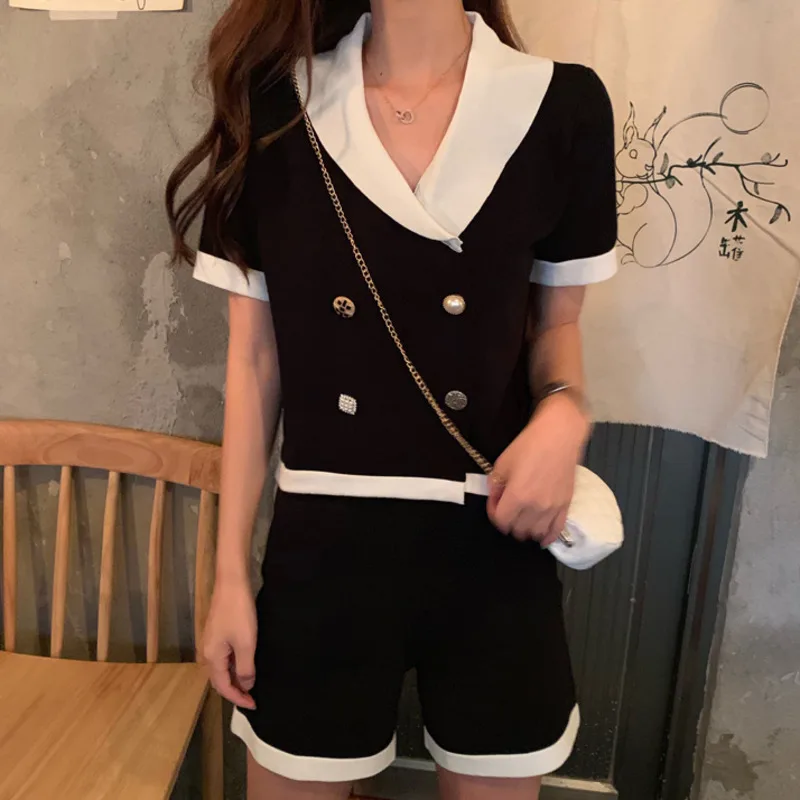 

New Style Women Fashion V Neck Double-breasted Short Sleeve Top + Casual Shorts Pants Knitting Temperament Two Paper Suit 2PC