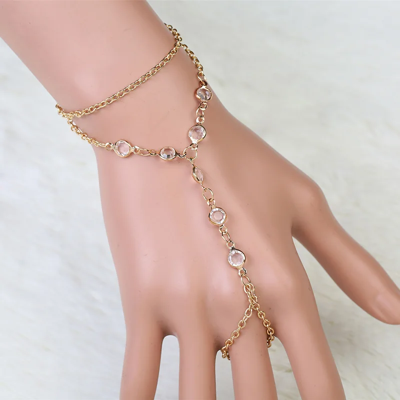 

Hot Fashion Jewelry Bijoux Women Chain Finger Hand Harness Women Lovers Charm Crystal Bracelets And Short Bangles 5B359