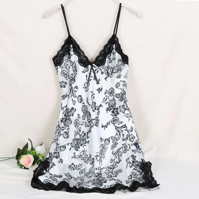 ROPALIA, сексуальное шелковое атласное Ночное платье, без рукавов, ночная рубашка с v-образным вырезом, ночная рубашка, кружевная ночная рубашка для женщин, большие размеры - Цвет: Black White