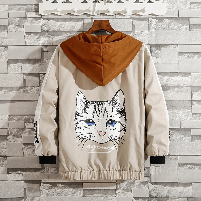 2019 New Fashion Spring Men's Parkas Cat Print Coat Men Jackets Hooded