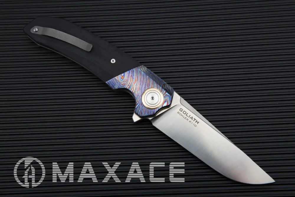 

MAXACE Goliath Folding Knife Bohler K110 (D2) Steel Satin Blade Zirconium Timascus / G10 handle mokuti