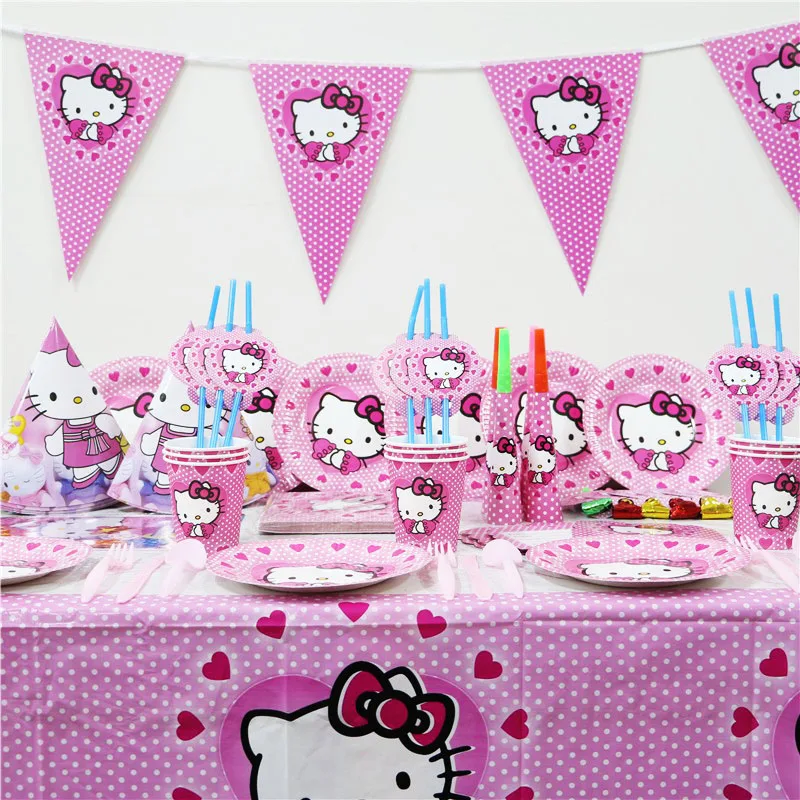 

141pcs kitty cat Kids Birthday Party Decorate Supplies Party Decoration Tableware Set Tablecloth Plate Gift Bags flags caps