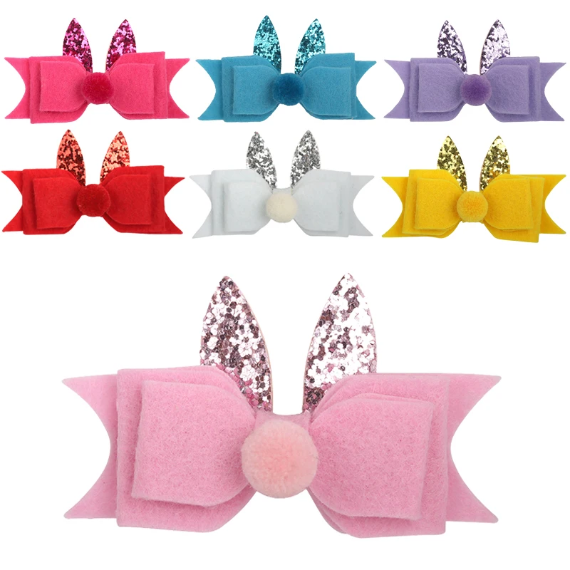7pcs/lot Glitter Rabbit Ear Hair Clips Felt Bow Barrette with Pom Pom Cute Bunny Hairpin Hair
