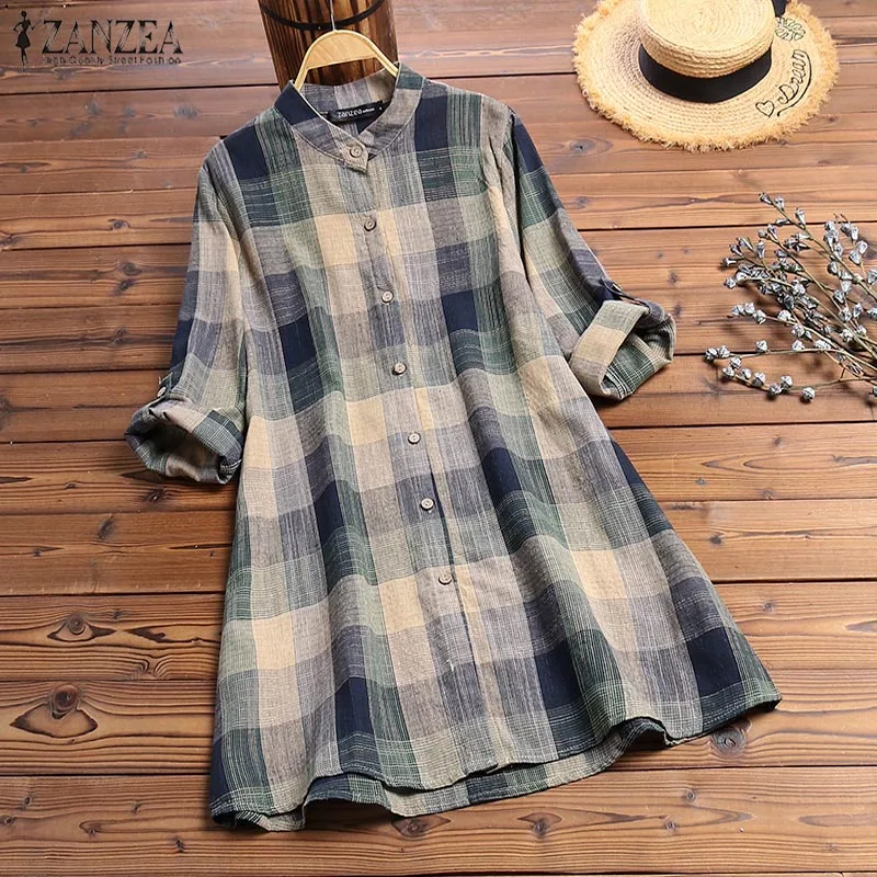 ZANZEA Autumn Vintage Plaid Check Long Shirt Women Long Sleeve Buttons Blouse Tunic Tops Casual Work Blusas Femininas Vestido