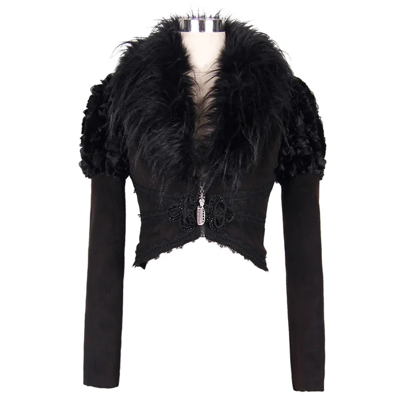 Готическая Женская куртка с воротником из перьев и кружевной спинкой, короткие куртки, черные тонкие пальто на молнии, толстые теплые куртки ассиметричного кроя, новое поступление