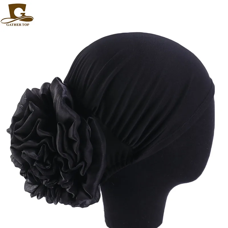 Большой цветок для женщин тюрбан шляпа мусульманский платок ворс шапка для женщин мягкий удобный хиджаб колпачки исламские Шляпы для химиотерапии - Цвет: black