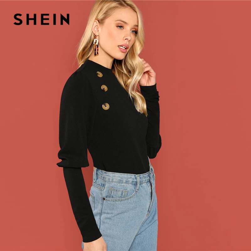 SHEIN Однотонный Джемпер С Длинным Рукавом, Трикотажная Блуза С Декоративными Пуговицами И Высоким Воротником