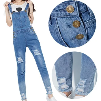 

Fashion Women Jeans Jumpsuits Playsuits Straps Cotton Denim Playsuit Rompers Women Hole Overalls Casual Skinny Denim Jumpsuits