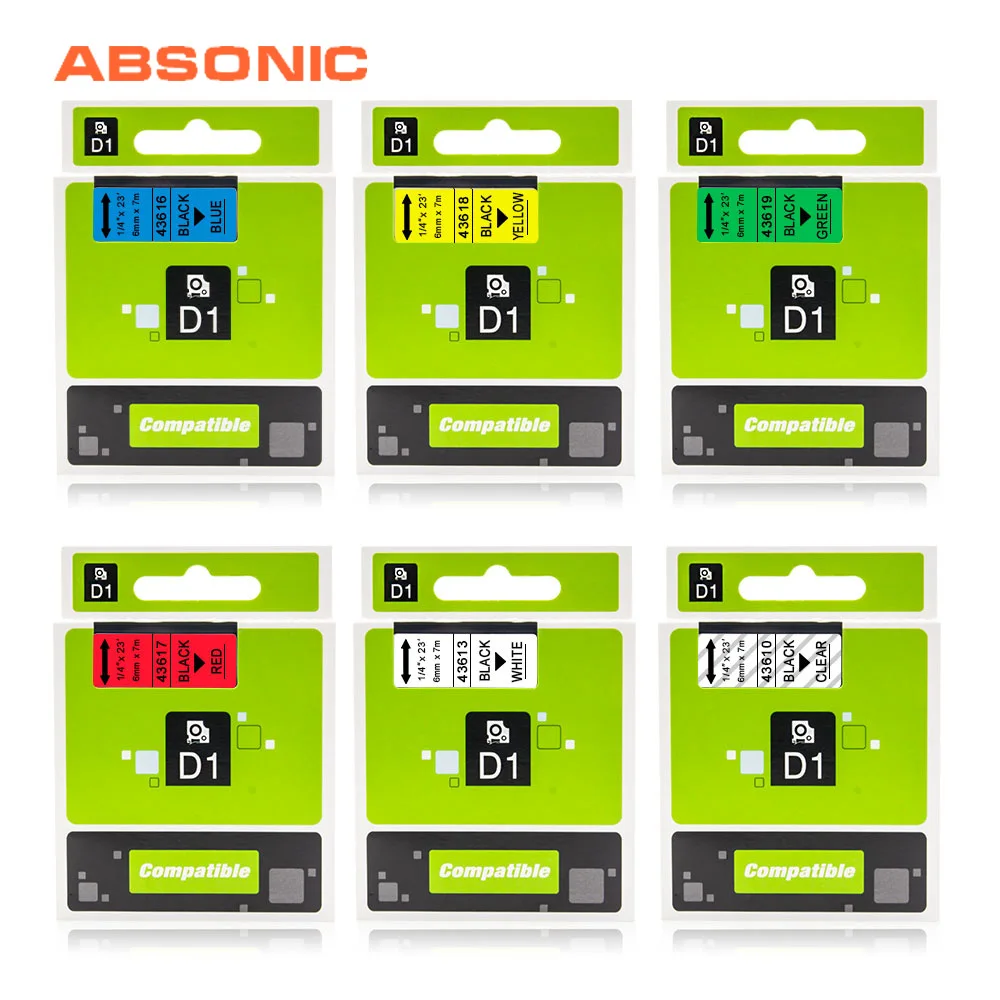 

Absonic 43610 43613 6mm*7m Compatible with Dymo D1 Label Printer 43616 43617 43618 43619 for Dymo Label Manager 160 Label Maker