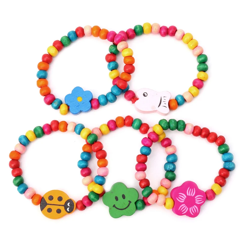 

New 5Pc Lovely Kids Children Wood Elastic Bead Bracelets Birthday Party Jewelry Gift