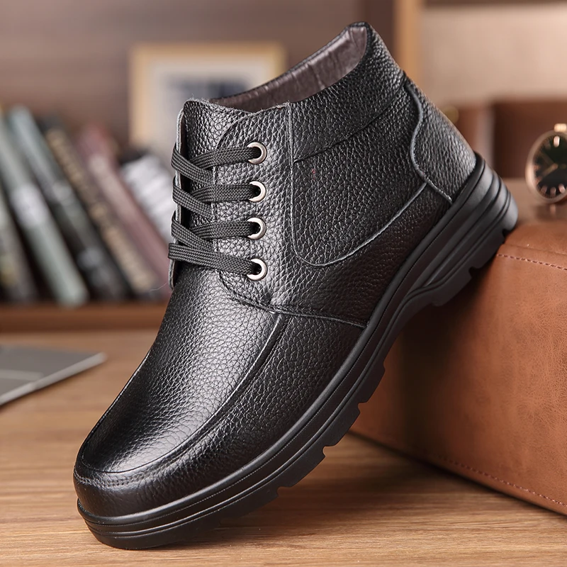 

OSCO Genuine Leather Mens Shoes Fur Ankle Boots Business Warm Winter Shoes Snow Mens Boot Lace Up Work Shoes Male