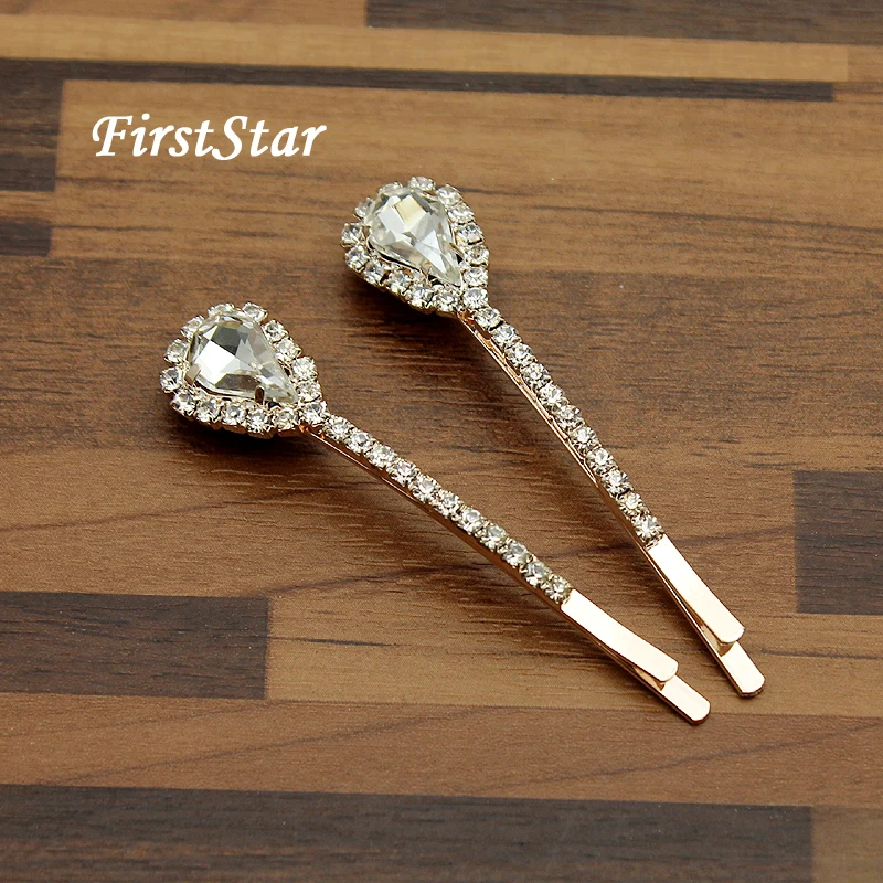1 Pair FirstStar Fashion Waterdrop Rhinestone Ladies Hair Slides Clear