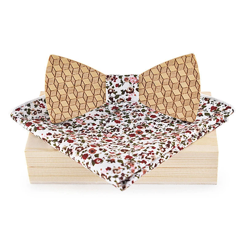  Handmade Wooden Bowtie Pocket Square Set Wedding Polyester Handkerchief Neckwear Wood Bow Tie for M