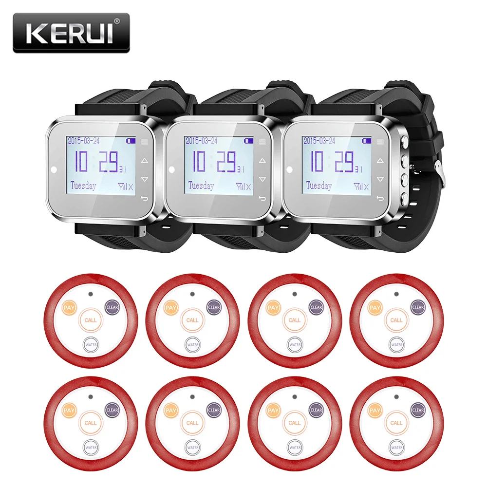 

KERUI 999 Channel Wireless Pager Restaurant Waiter Calling System 8pcs Call Transmitter Button+3pcs Pager Watch Receiver 433MHz