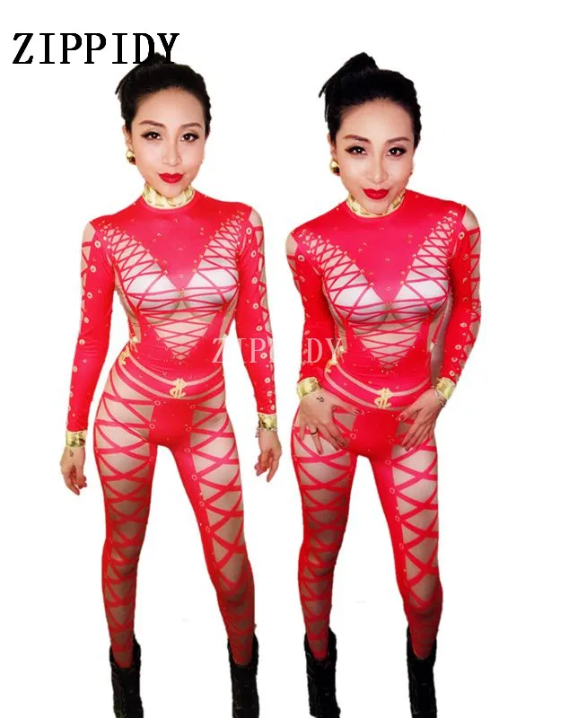 Модные черные, красные пикантные повязки печатных комбинезон певица танцор костюм облегающий Костюм Стретч одежда для танцевальных