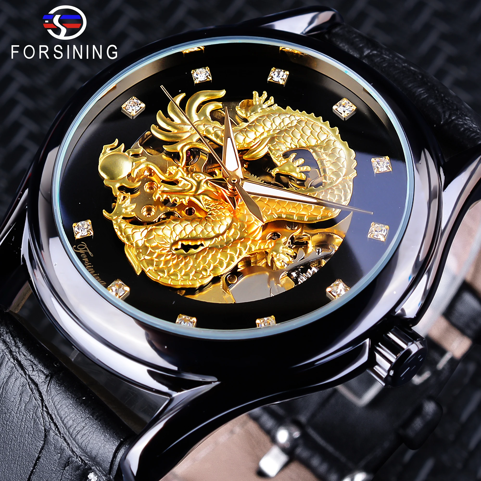 Forsining китайский дракон дизайн Алмазный циферблат черный золотой мужские часы светящиеся стрелки лучший бренд класса люкс водонепроницаемые механические часы