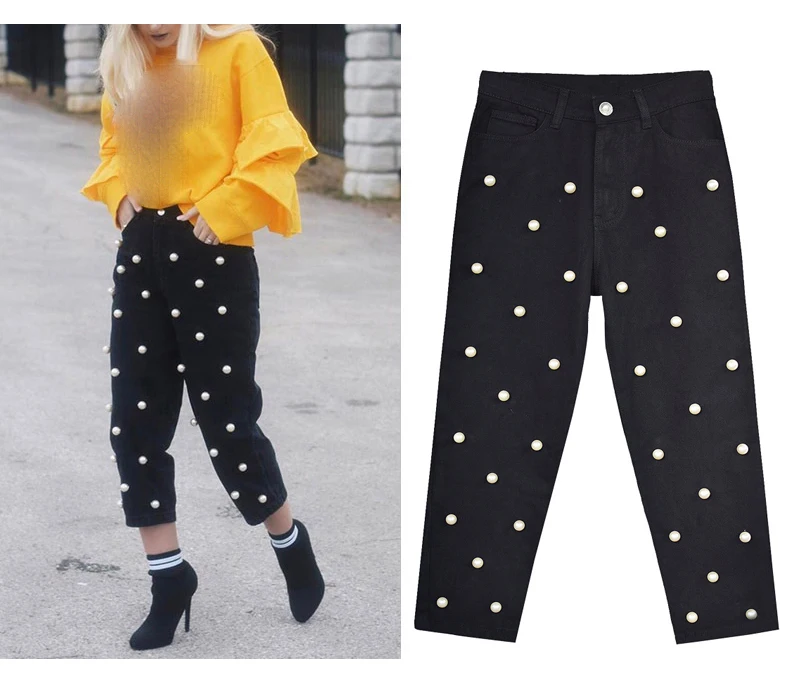 European and American women's high waist straight tube loose-fitting wide-leg jeans denim cuffed trousers studded with large pearl women's eighties (5)