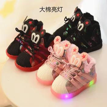 

2018 winter new Disney children's shellfish cotton shoes fashion camouflage snow boots boys girls led flashing lights warm shoes