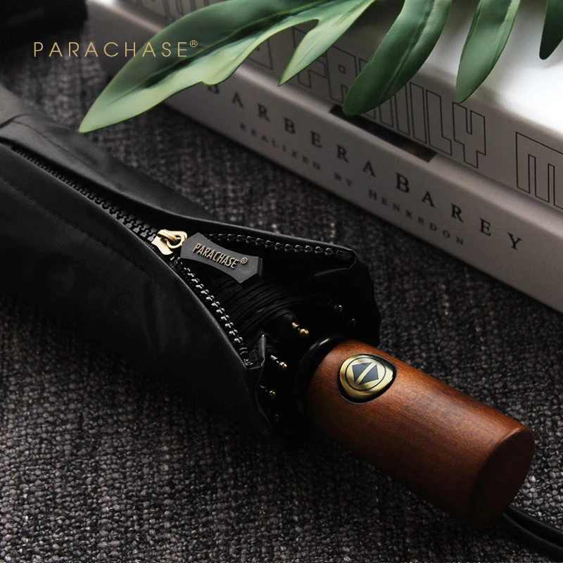 Online Parasol de sol automático para hombres de negocios con mango de madera 10K paraguas plegables de aluminio protector solar Anti UV a prueba de viento