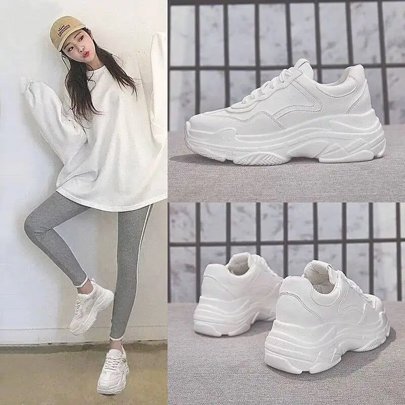 

2019 Women Casual Shoes Flock Platform White Sneakers Lace-Up Sewing Med Wedges Shoes for Women Zapatos Mujer