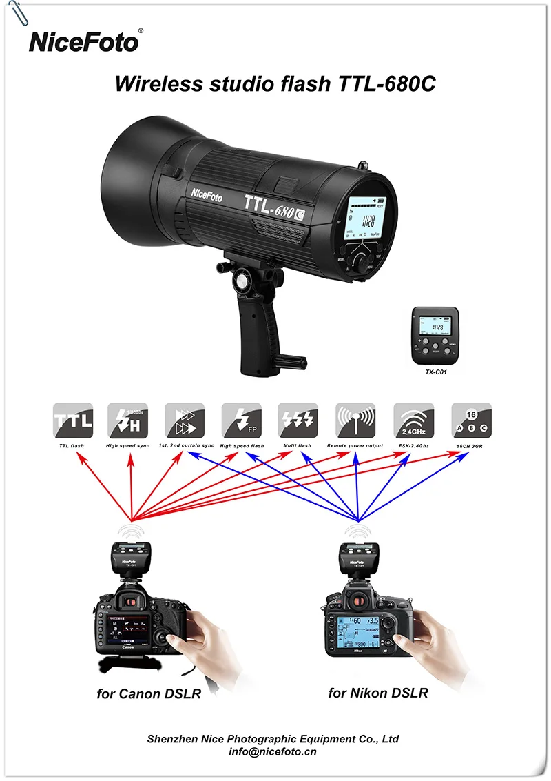 Nicefoto TTL-680C, Портативный Студийный стробоскопический светильник 600Ws, HSS 1/8000, 2,4G, крепление Bowens, Беспроводной студийный стробоскопический светильник