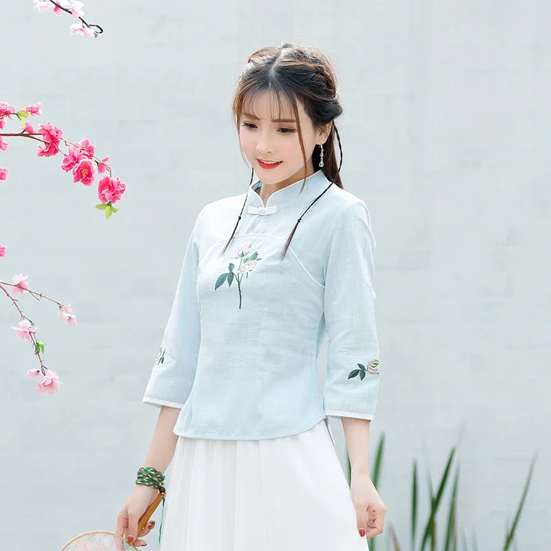Женский китайский стиль, летняя блузка с вышивкой и воротником-стойкой, хлопковый льняной топ с рукавом три четверти