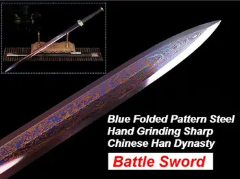 

High Quallty Blue Folded Pattern Steel Hand Grinding Sharp Chinese Han Dynasty Battle Sword Ebony Wood Scabbard
