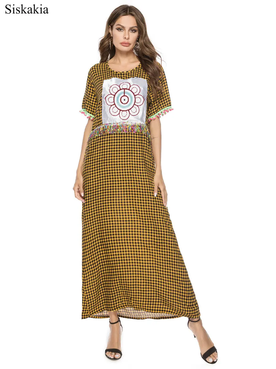 Siskakia Fashion Plaid Stripe Women Maxi Long Dress Print Tassel 3D Yellow Female Streetwear O neck Short Sleeve Loose Summer  (4)