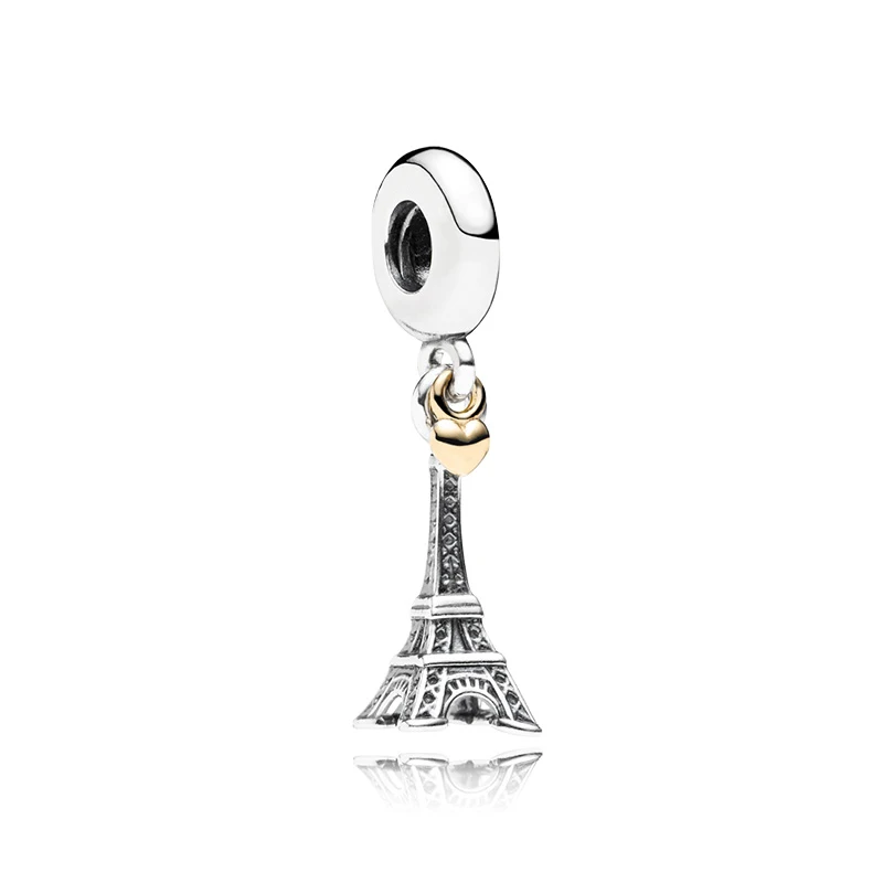 

100% 925 Sterling Silver Bead Paris Eiffel Tower,Gold Heart Pendant Charm Fit Original Women Pandora Bracelet Bangle DIY Jewelry
