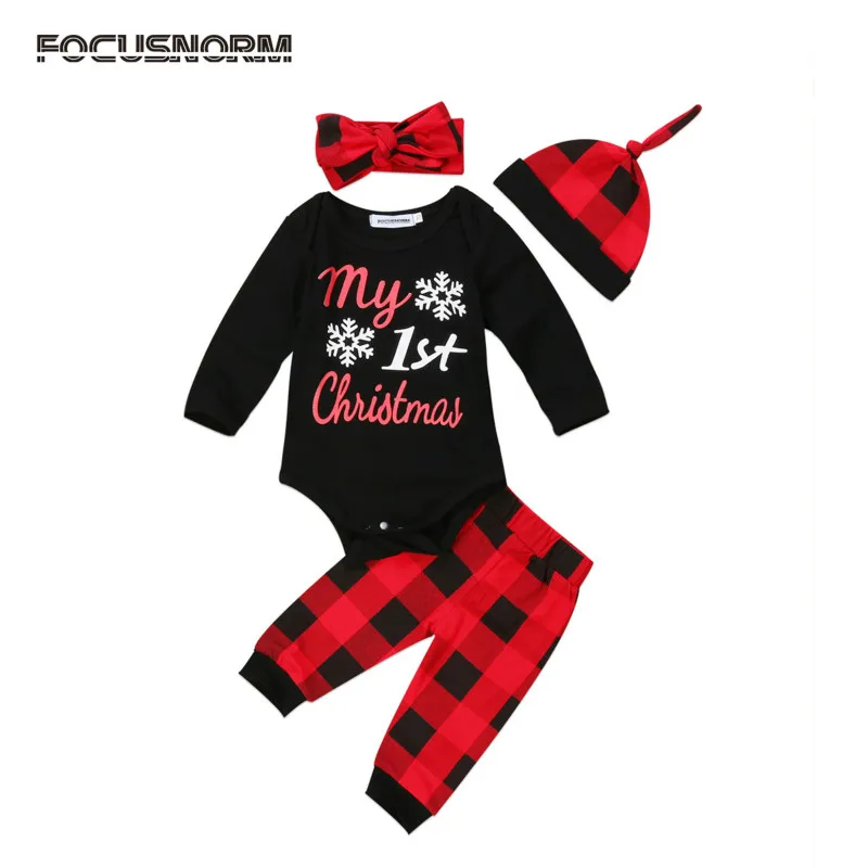

2017 Fashion Cute Christmas Newborn Baby Girls Boys Top Romper Check Long Pants Hat Outfits Clothes Set
