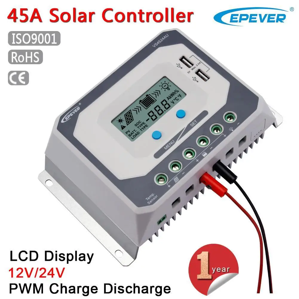 

PWM 45A Solar Charge Controller 12V 24V LCD Display Dual USB 5V Solar Panel Charge Discharge Regulator Over Load Protection A391