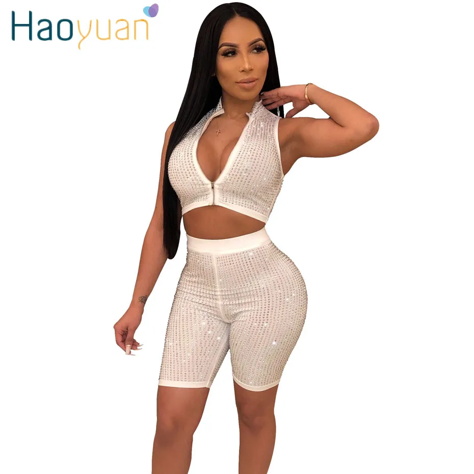 

HAOYUAN Glitter Rhinestone Party Club Outfits 2 Piece Set Women Crop Top and Shorts Summer Clothes Casual Two Pcs Matching Sets