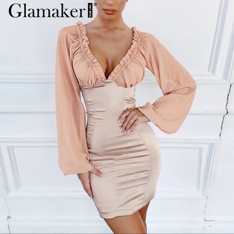 Glamaker, сексуальное сатиновое пляжное короткое платье с рукавом-фонариком, женское облегающее мини-платье с v-образным вырезом для вечеринки, лоскутное, с оборками, Элегантное летнее платье