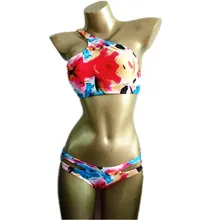 2017 New Style Floral One Shoulder Bikinis Set Women Print Beach Swimwear Brazilian Sexy Micro Swimsuit Strappy Bathing Suit