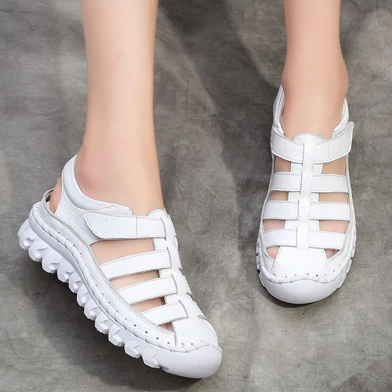 DRFARGO Women Sandals 2019 Summer Shoes Genuine Leather Covered Toe Soft Casual Walking Zapatos Mujer Plataforma big size 41 43