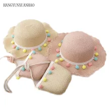 Новая летняя детская соломенная красивая шляпа с цветочным рисунком, детская Солнцезащитная шляпа, летняя шапочка для девочек, пляжный козырек Соломенная шляпа, сумка, комплект из двух предметов