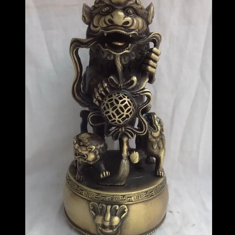 

wan67104080+++11" Chinese Bronze Wealth Lion Head Ball FengShui PiXiu On Drum Statue Sculpture