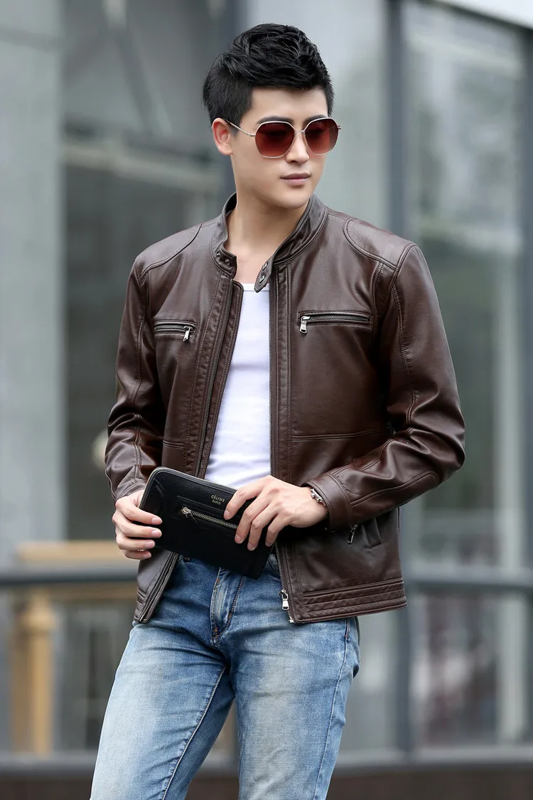 UplzCoo 5XL Men's Leather Jackets Men Stand Collar Coats Male Motorcycle Leather Jacket Casual Slim Brand Clothing Jaket FM003  (3)