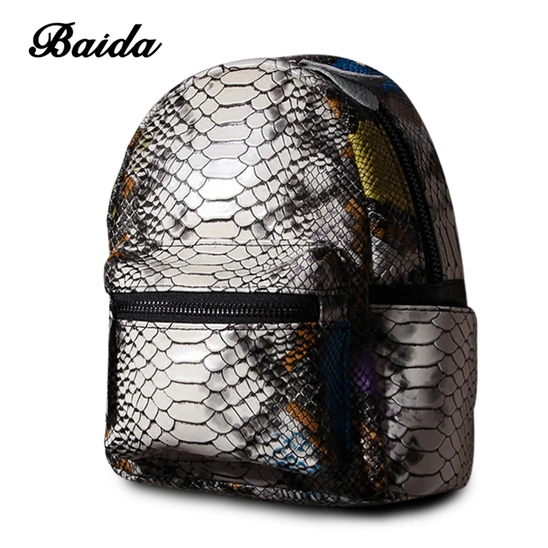 Women Zipper Genuine Real Leather Backpack Serpentine Satchel Bags Mini School Travel Daily Casual Vintage Retro
