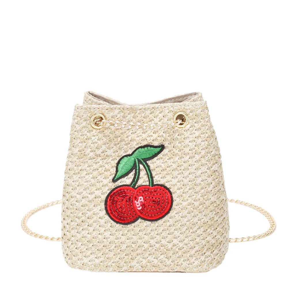 

Women Straw Bag Cute Cherry Bucket Bag Casual Chain Shoulder Messenger Bag bolso paja bolsas de mujer P