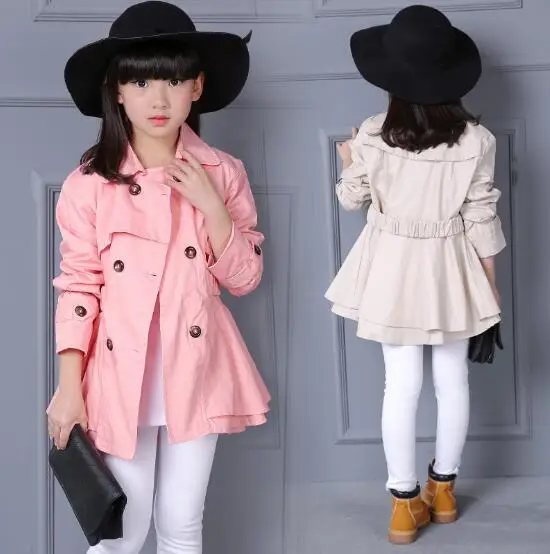 

Autumn Solid Color Girl Jackets Outdoor Windbreaker Slimming Elastic Waistband Meisjes Kleding Turn-down Collar Trench For Girls