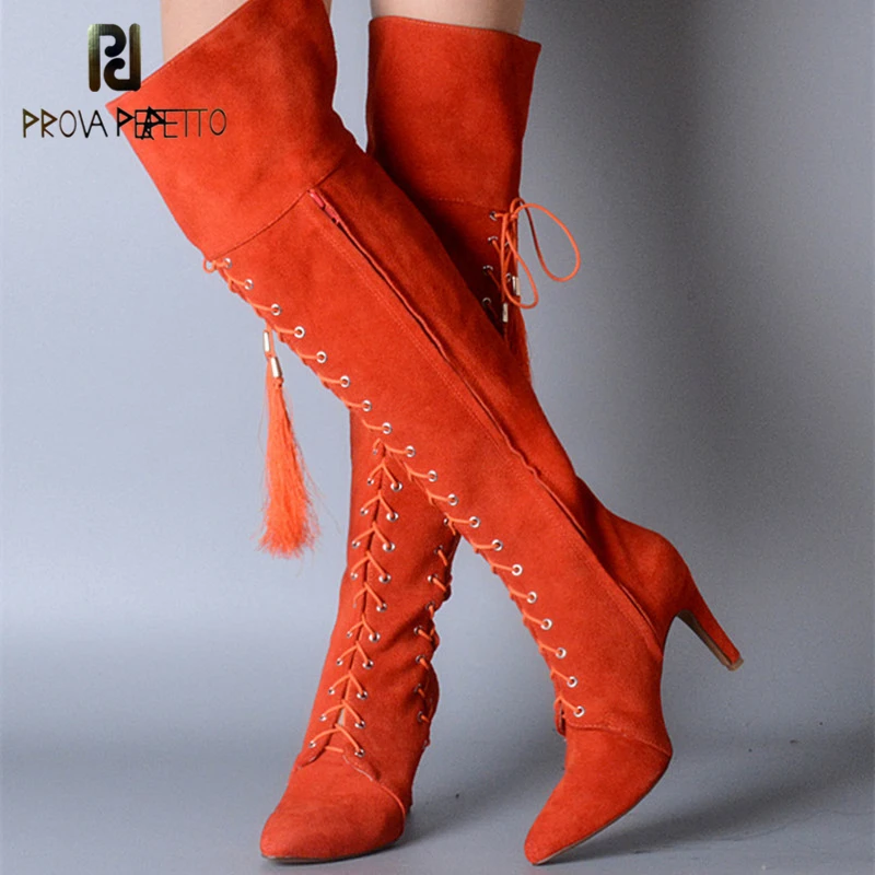 

Prova Perfetto Fashion Cross-tied Design Cow Suede Leather Over The Knee High Boots Elegant Pointed Toe Thin High Heel Boots