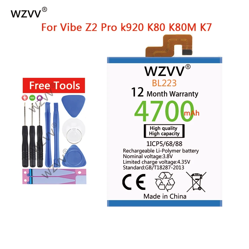 

wzvv 4700mAh Li-Polymer Battery BL223 For Lenovo Vibe Z2 Pro K920 K80 K80M K7 Replacement Batteries