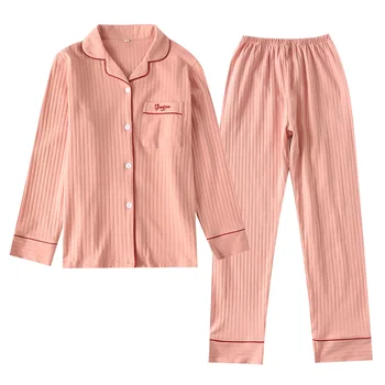 

2019 Couple's Lover Pure Cotton Knitted Long Sleeve Long Pants Women Pajama Set Autumn Winter Leisure Home Clothes Pjs Sleepwear