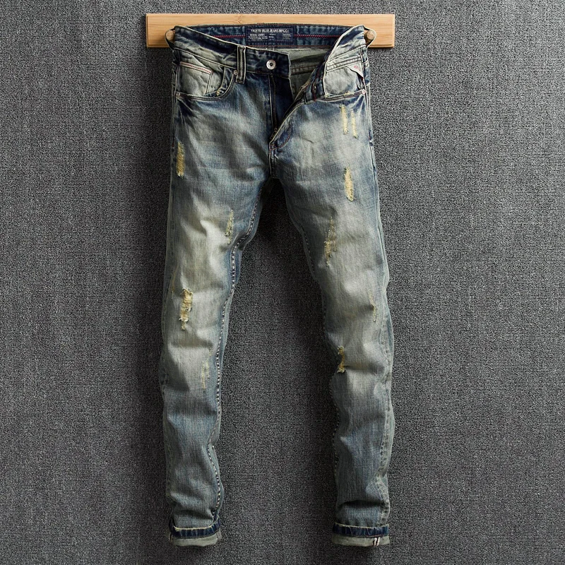 Итальянский Винтаж Стиль Для мужчин джинсы Ретро Омывается рваные зауженные джинсы искусственно состаренные брюки брендовые