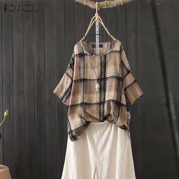 

ZANZEA Women Blouses Shirts Casual Loose Tunic Tops Vintage Short Sleeve O Neck Blouse 2020 Summer Chemiser Mujer Plus Size 5XL